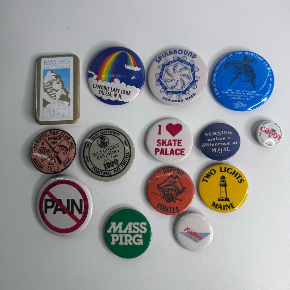 Lot of 14 Vintage Metal Buttons Lapel Pins Pinbacks Badges 80/90’s New England